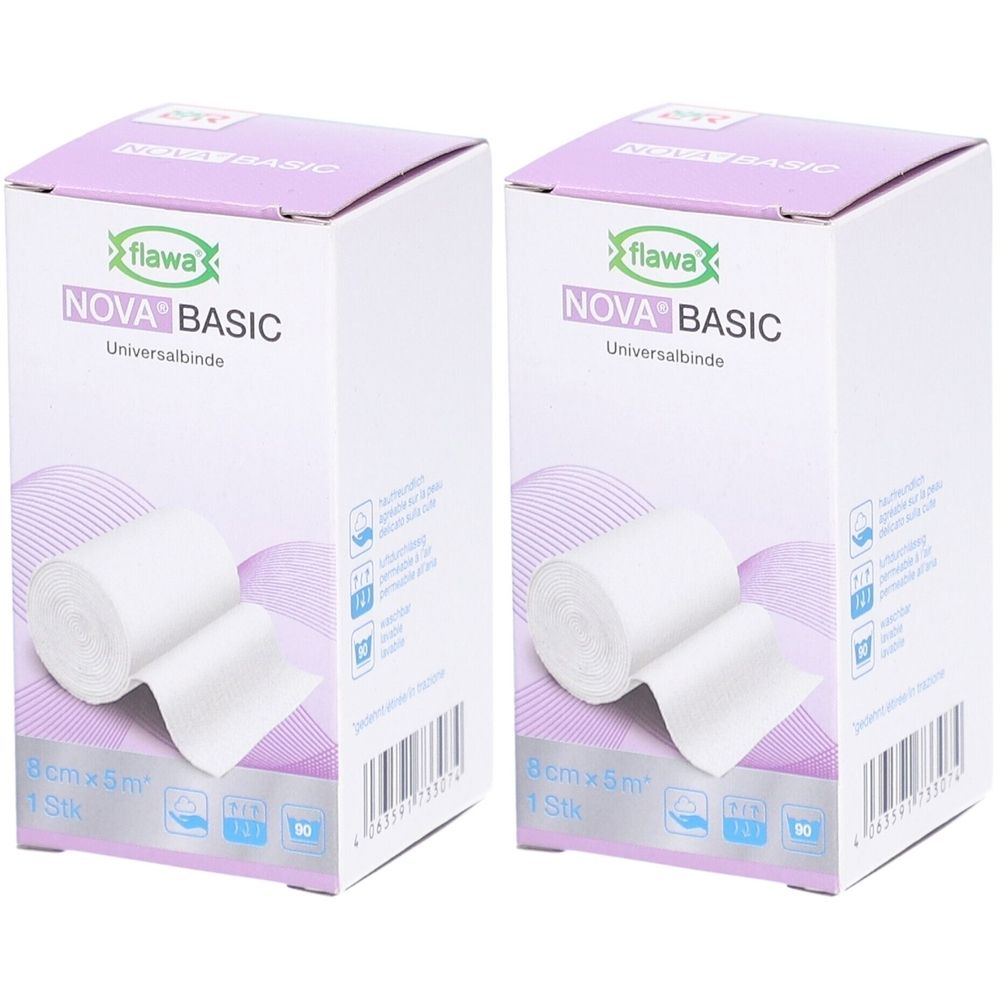 Deux boîtes de bandage FLAWA NOVA BASIC, 8cm x 5m. Rouleau blanc de bandage visible. Inscription en allemand.