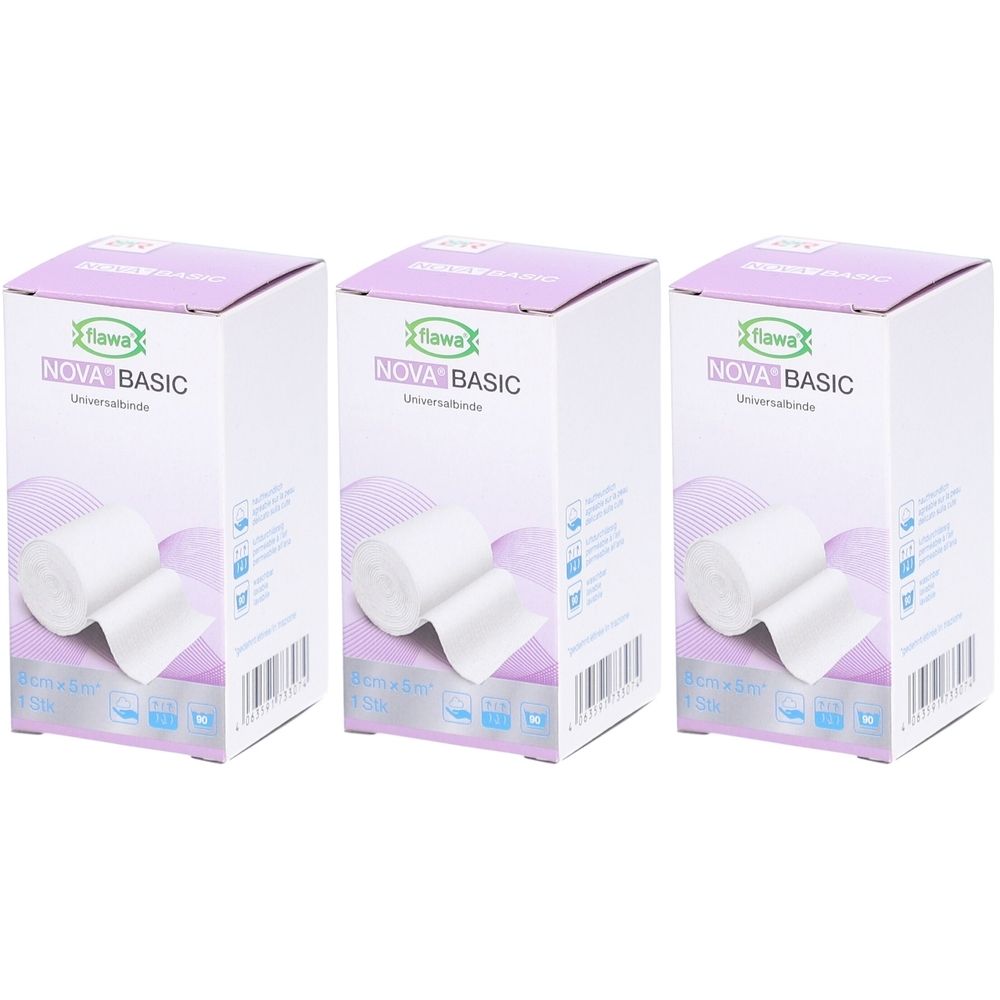 Trois boîtes FLAWA Nova Basic. Bandes blanches sur fond lilas et blanc. Inscription: Nova Basic, 8 cm x 5 m.