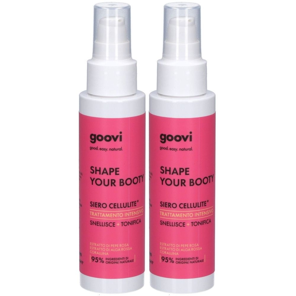 Zwei weiße Sprühflaschen mit rosa Etiketten. Auf den Etiketten steht "goovi", "SHAPE YOUR BOOTY" und "SIERO CELLULITE".