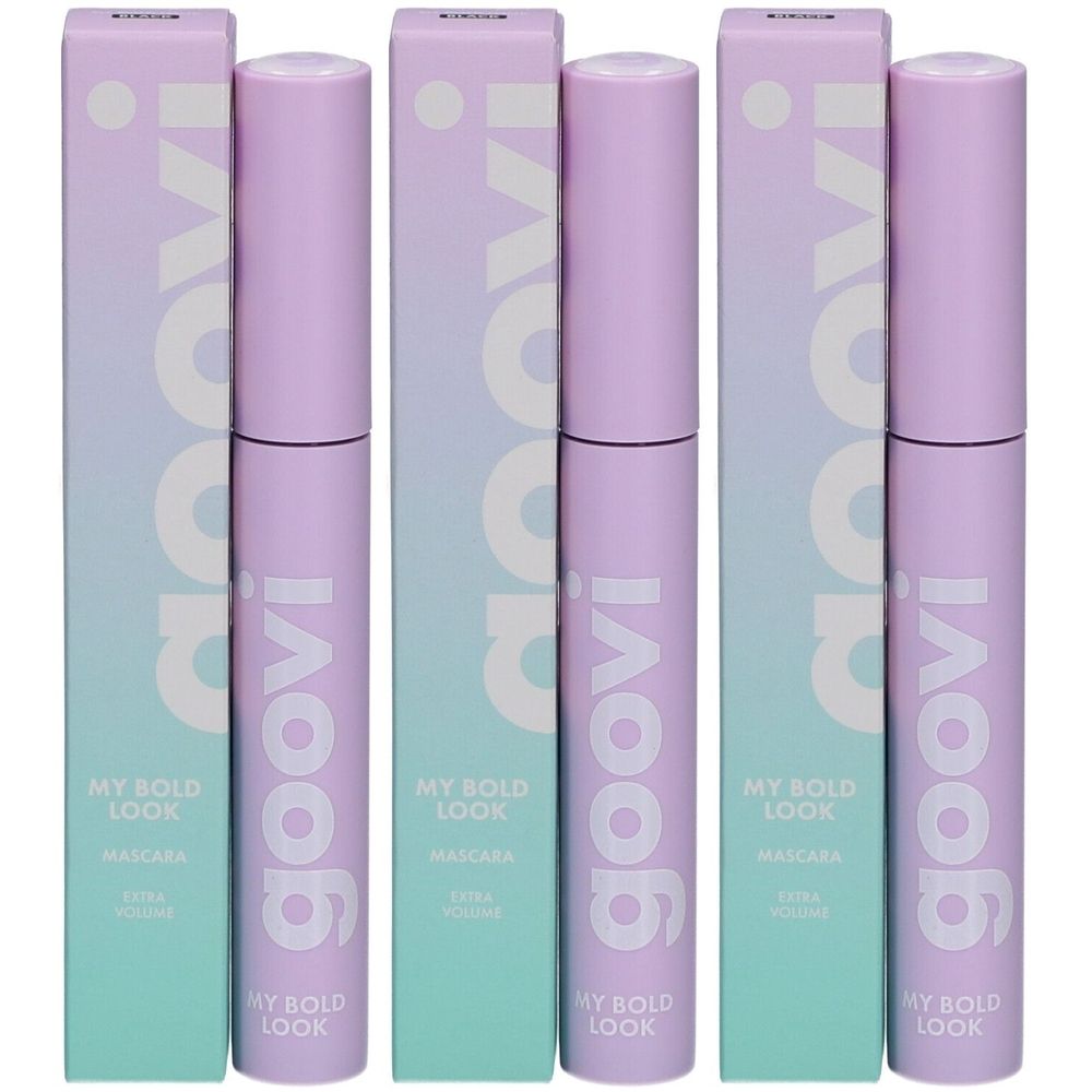 Drei Mascaras mit lila Hüllen und Verpackungen. Auf der Verpackung steht „goovi MY BOLD LOOK MASCARA“.
