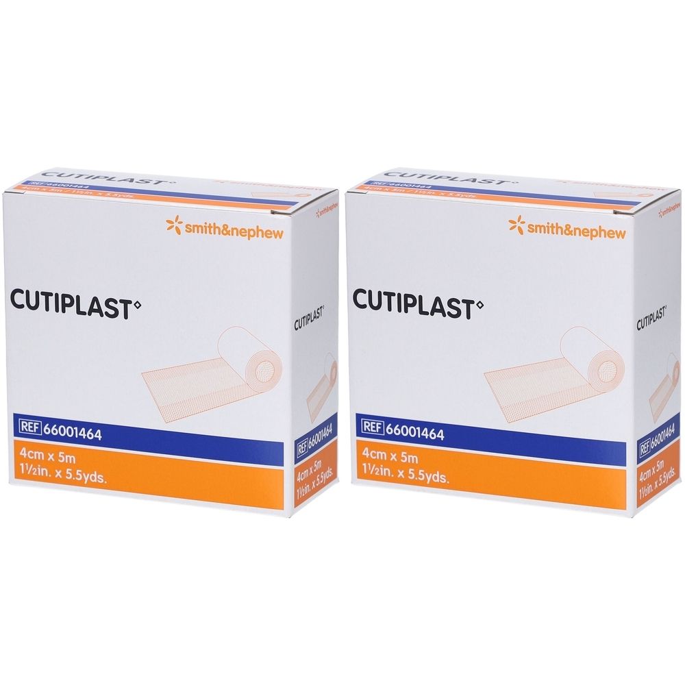 Deux boîtes de pansements CUTIPLAST. Inscription : smith&nephew, 4cm x 5m. Pansement blanc représenté sur l'emballage.