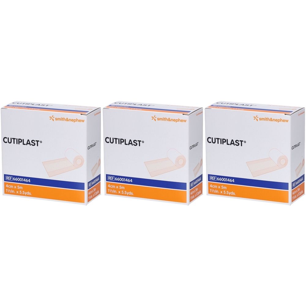 Drei Schachteln CUTIPLAST Wundpflaster. Auf jeder Schachtel steht CUTIPLAST, Smith & Nephew und die Maße 4cm x 5m.