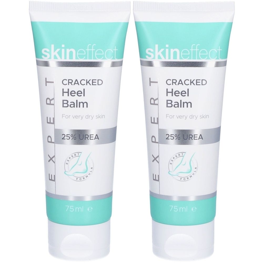 Deux tubes de crème pour talons fendillés. Inscription : skin effect, Cracked Heel Balm, 25% Urée. Tube blanc avec accents et texte vert clair.