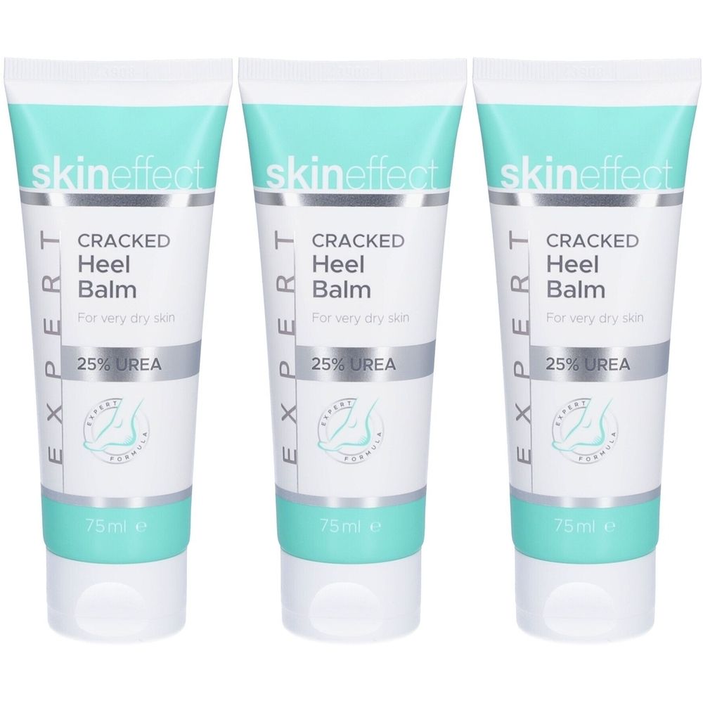 Trois tubes de crème. Inscription : skin effect, Cracked Heel Balm, 25% UREA. Tube blanc avec bouchon et texte turquoise.