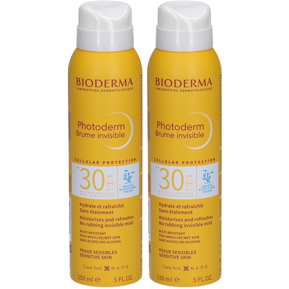 Zwei gelbe Sprays mit weißem Deckel. Aufschrift: Bioderma Photoderm Brume invisible SPF30. Für empfindliche Haut.