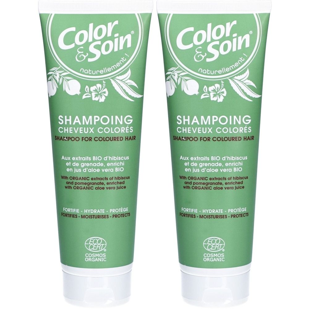 Deux tubes de shampooing verts. Inscription: Color & Soin, Shampooing Cheveux Colorés. Extraits bio et aloe vera. Certification Cosmos Organic.