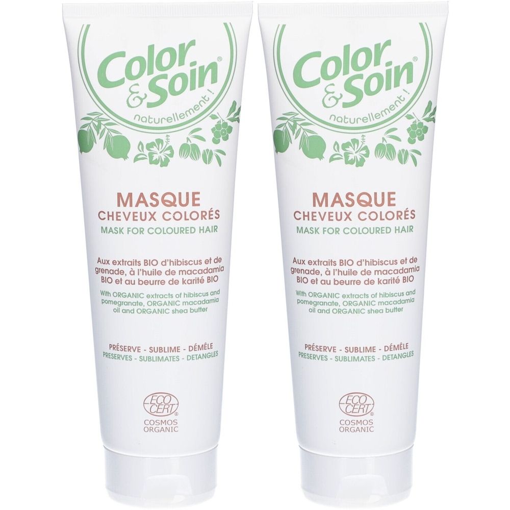Deux tubes de masque capillaire Color&Soin. Blancs, texte vert, illustrations. Label EcoCert. Pour cheveux colorés.