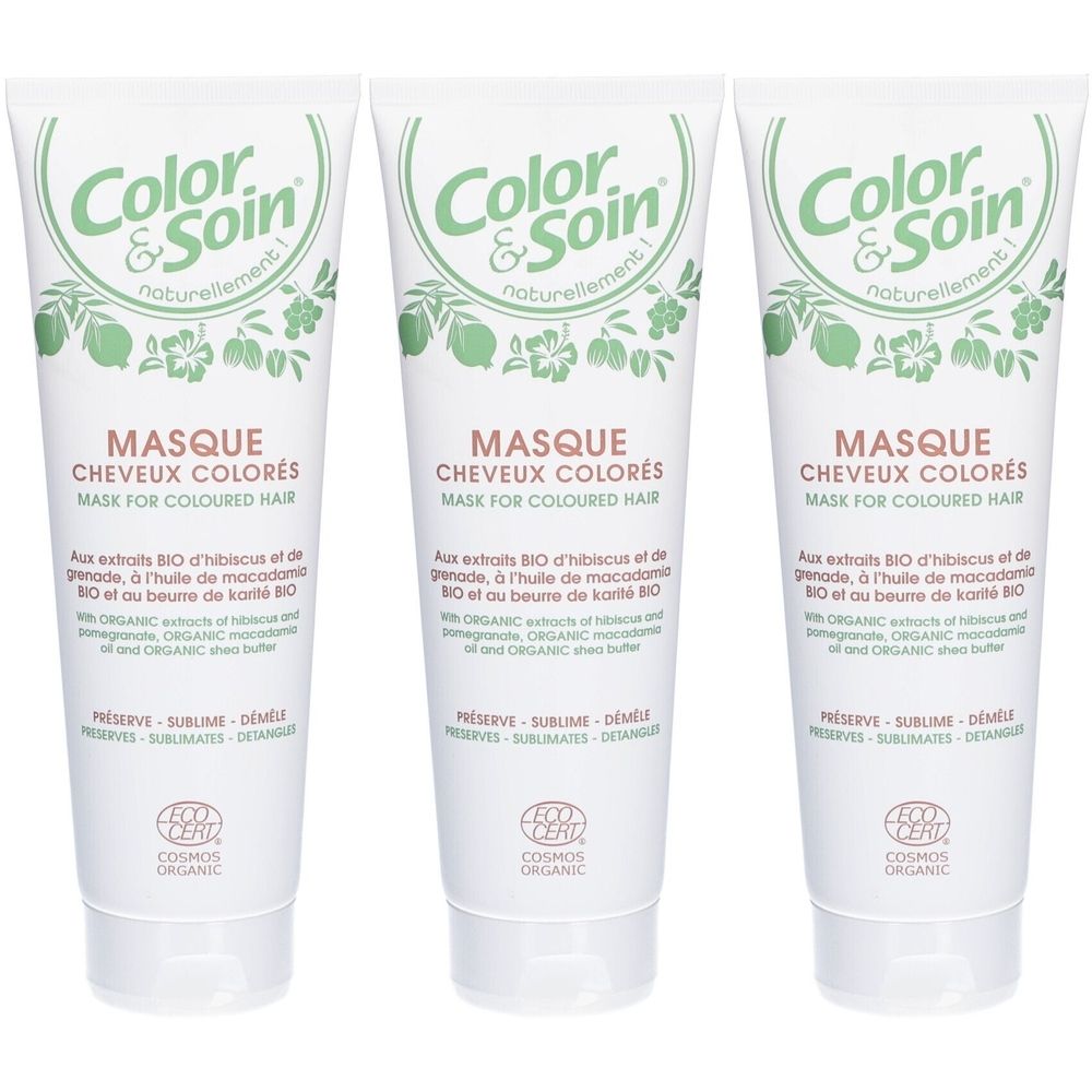 Trois tubes de masque capillaire Color&Soin pour cheveux colorés. Tubes blancs avec texte et logo verts. Contient des extraits bio.