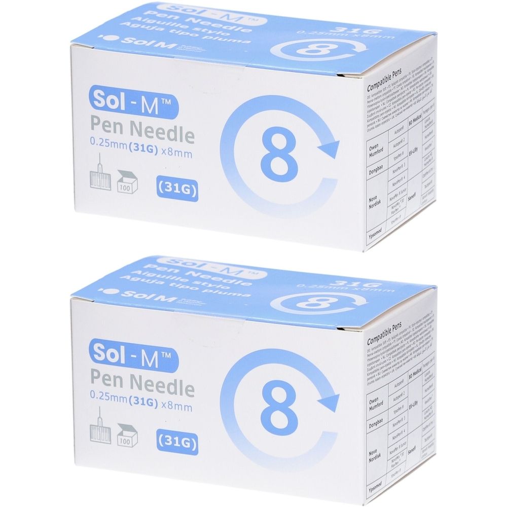 Deux boîtes de Sol-M Pen Needle. Inscription : 0,25 mm (31G) x 8 mm. Emballage bleu et blanc avec le chiffre 8.