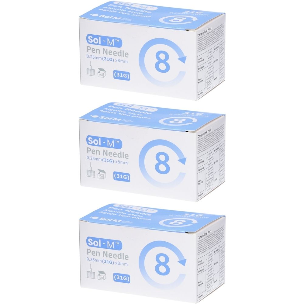 Trois boîtes de Pen Needle. Sur chaque boîte, on lit "Sol-M Pen Needle", la taille et le chiffre 8 dans un cercle.