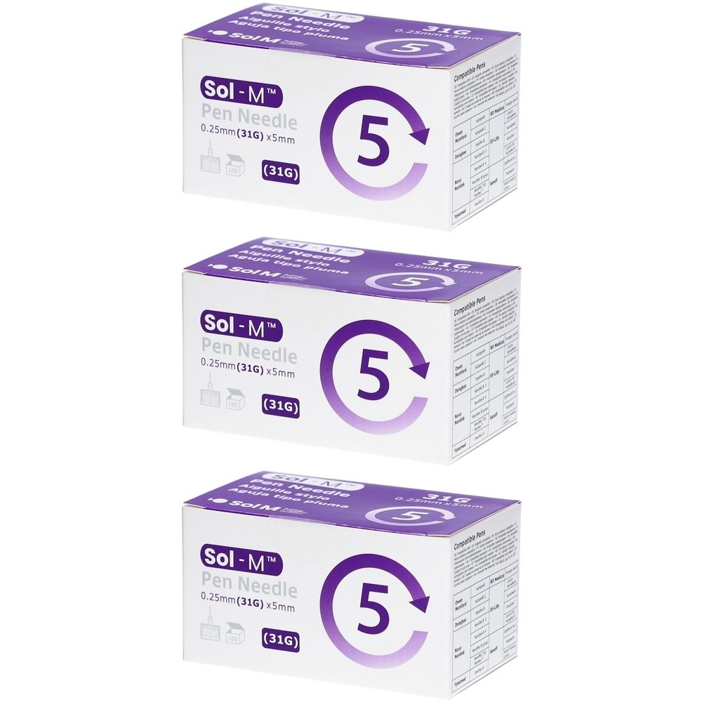 Drei Kartons Sol-M Pen Needle. Aufdruck: 0,25 mm (31G) x 5 mm. Lila Kreis mit Zahl 5. Kompatibel.