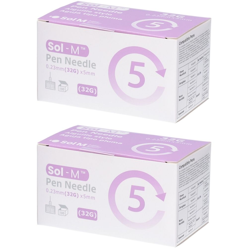 Zwei Kartons mit Pen Needle. Aufdruck: Sol-M Pen Needle, 0,23 mm x 5 mm, 32G. Lila und weiße Verpackung mit Zahl 5.