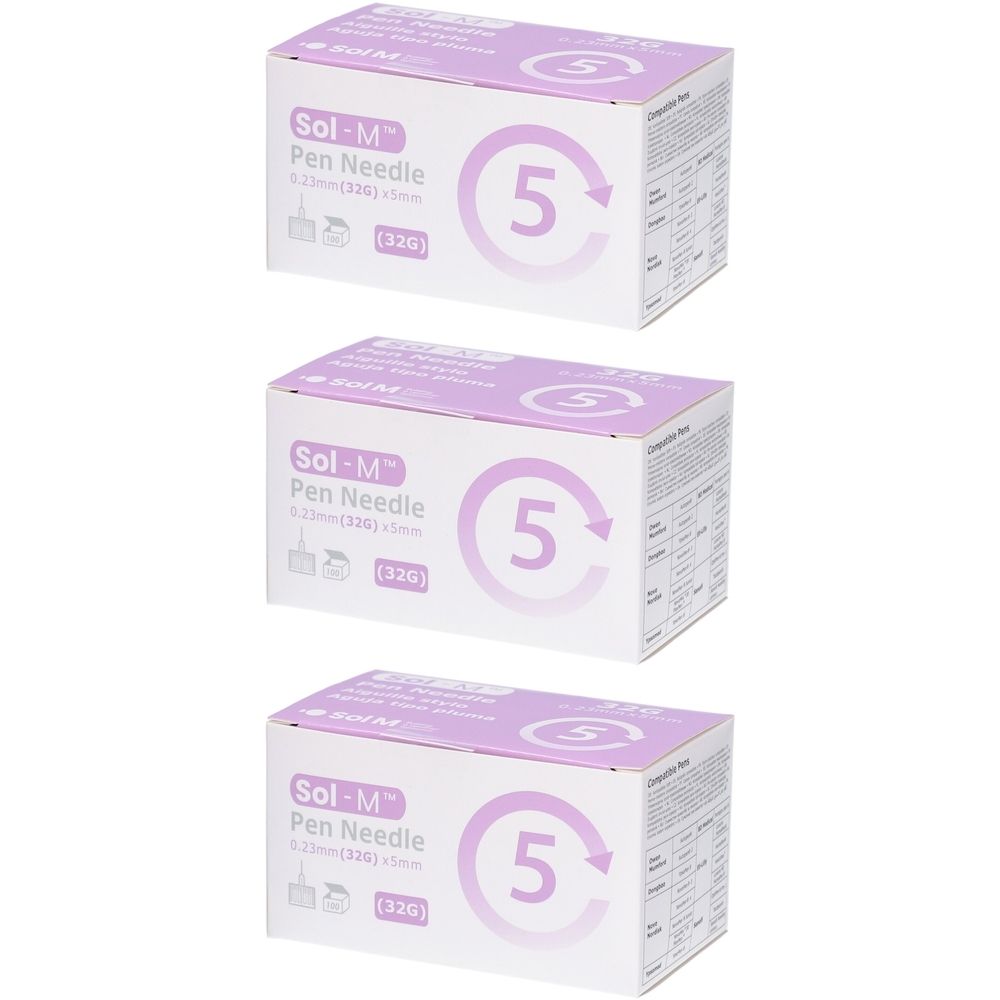 Drei Schachteln Sol-M Pen Needle. Auf jeder Schachtel steht "5". Aufgedruckt sind Nadelgrößenangaben.