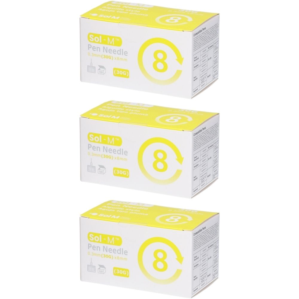 Trois boîtes jaunes avec impression du produit. Inscription : Sol-M Pen Needle, 8 pièces. 0,3 mm x 8 mm. 30G.
