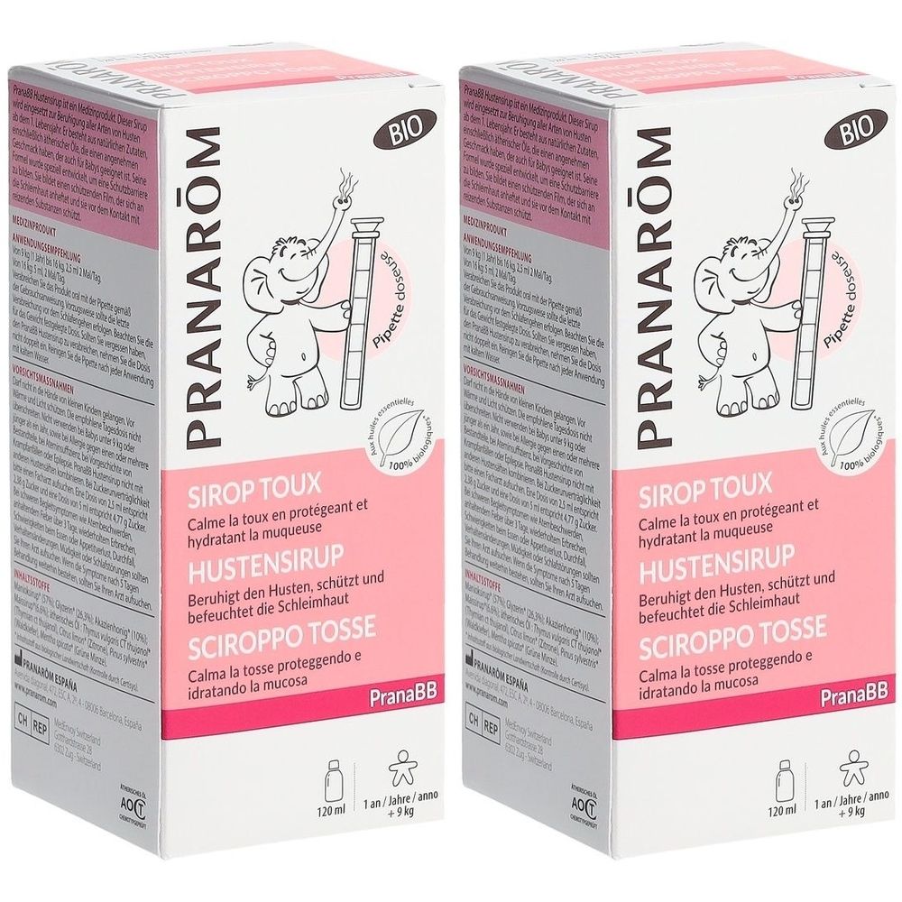 Zwei Kartons mit Hustensirup. Aufdrucke: PRANAROM, BIO-Siegel, Illustration eines Elefanten, Text in mehreren Sprachen.