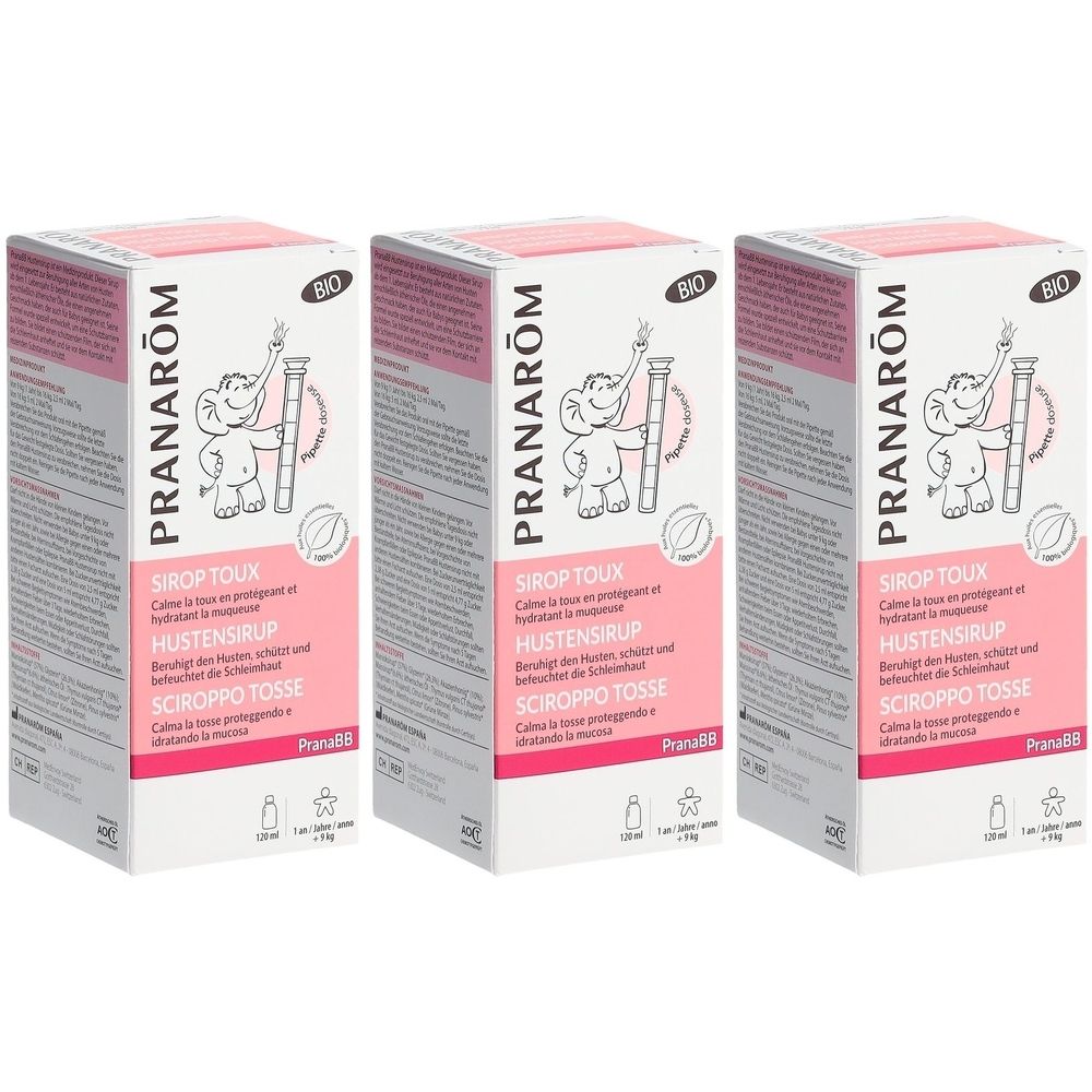 Drei Kartons Hustensirup. Rosa und weißes Design mit Produktnamen und Logo. Bio-Zertifizierung.