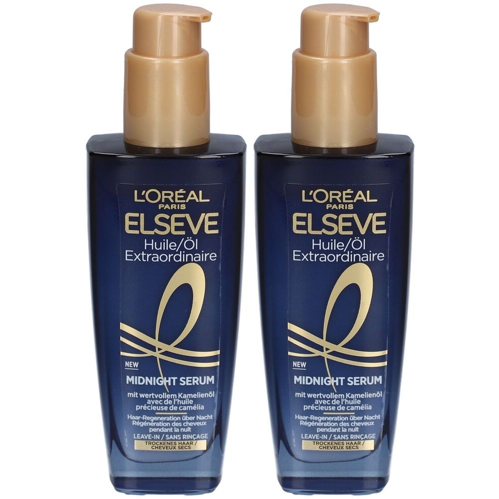 Deux flacons de L'Oréal Paris Elseve Huile Extraordinaire Midnight Serum. Flacons bleu foncé avec pompes dorées. Nom du produit et logo visibles.