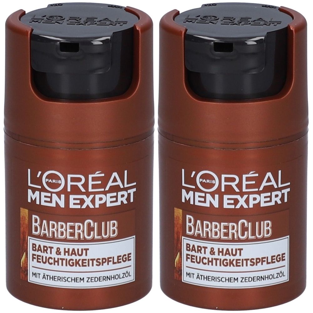 Deux pots bruns avec couvercles noirs. Inscription: L'Oréal Men Expert BarberClub Soin hydratant barbe et peau.