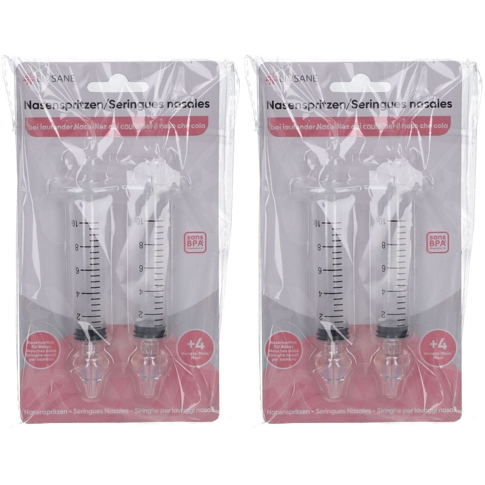 Zwei Nasenspritzen in Blisterverpackung. Aufdrucke: SANL, Nasenspritzen/Seringues nasales, BPA-frei. Skala in ml.