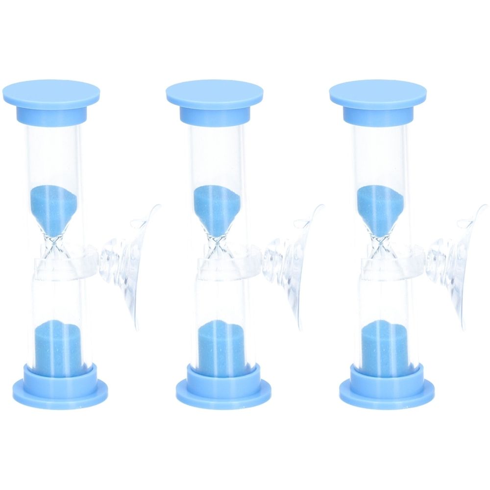 Trois sabliers bleus. Chaque sablier a un couvercle et une base bleus, une partie centrale transparente et du sable bleu.