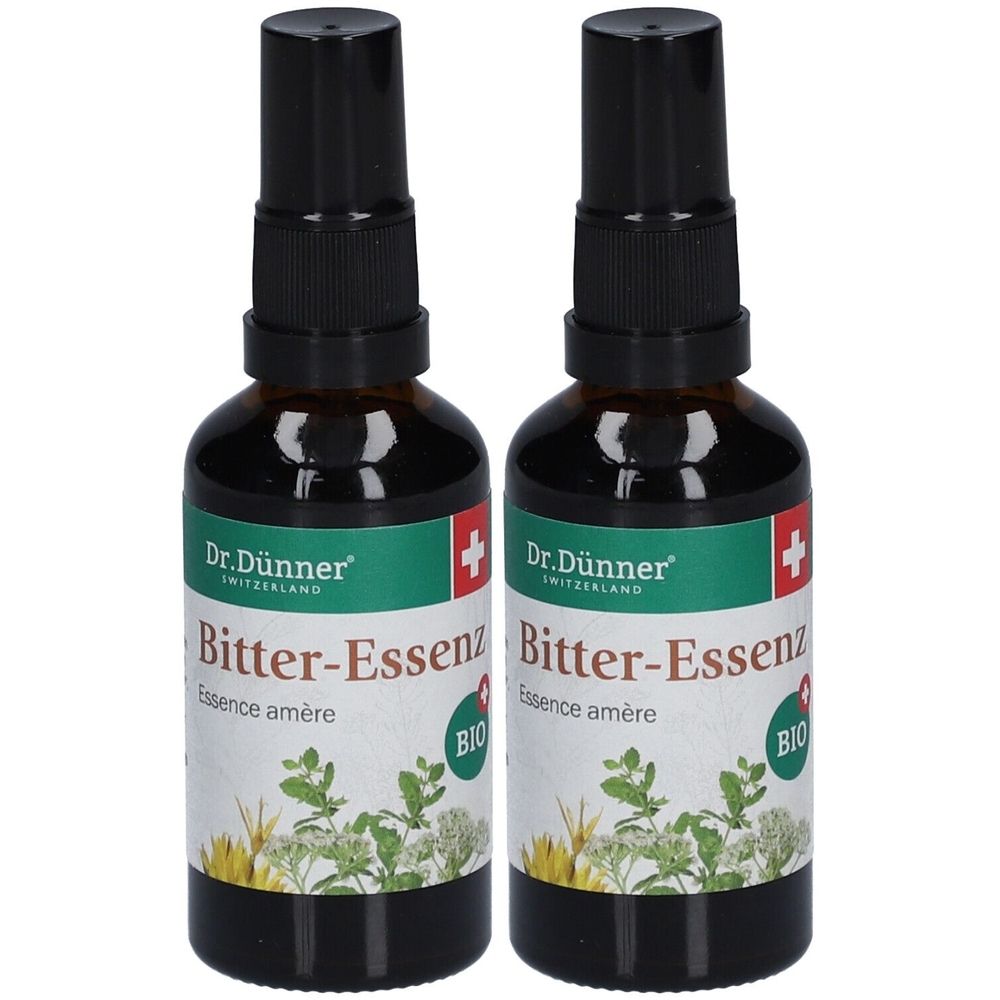 Deux flacons avec vaporisateur noir. Étiquette : "Dr. Dünner Bitter-Essenz BIO". Croix suisse et label BIO.