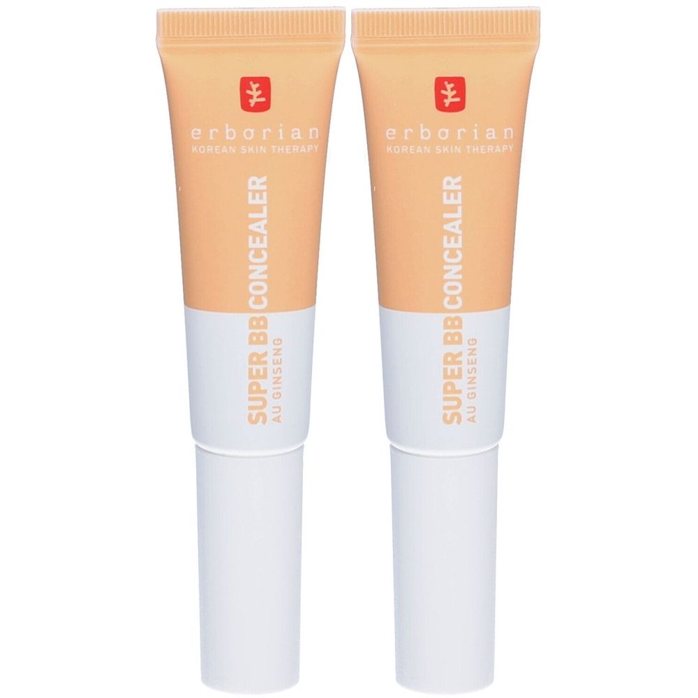 Zwei Tuben Erborian Super BB Concealer. Beige-farbene Tuben mit weißem Boden. Aufschrift: Super BB Concealer, Au Ginseng.