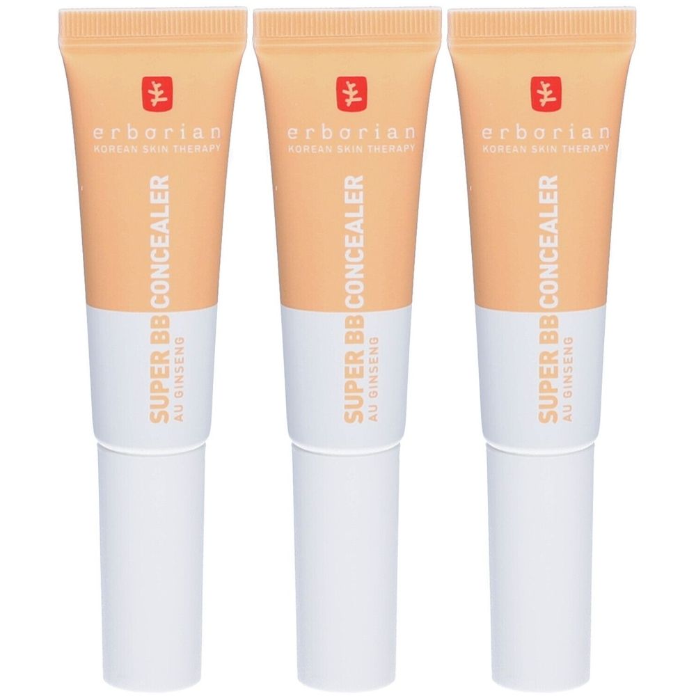 Drei Tuben Concealer. Farbton: Doré. Marke: Erborian. Text: Super BB Concealer, Au Ginseng. Weiß-beige Verpackung.