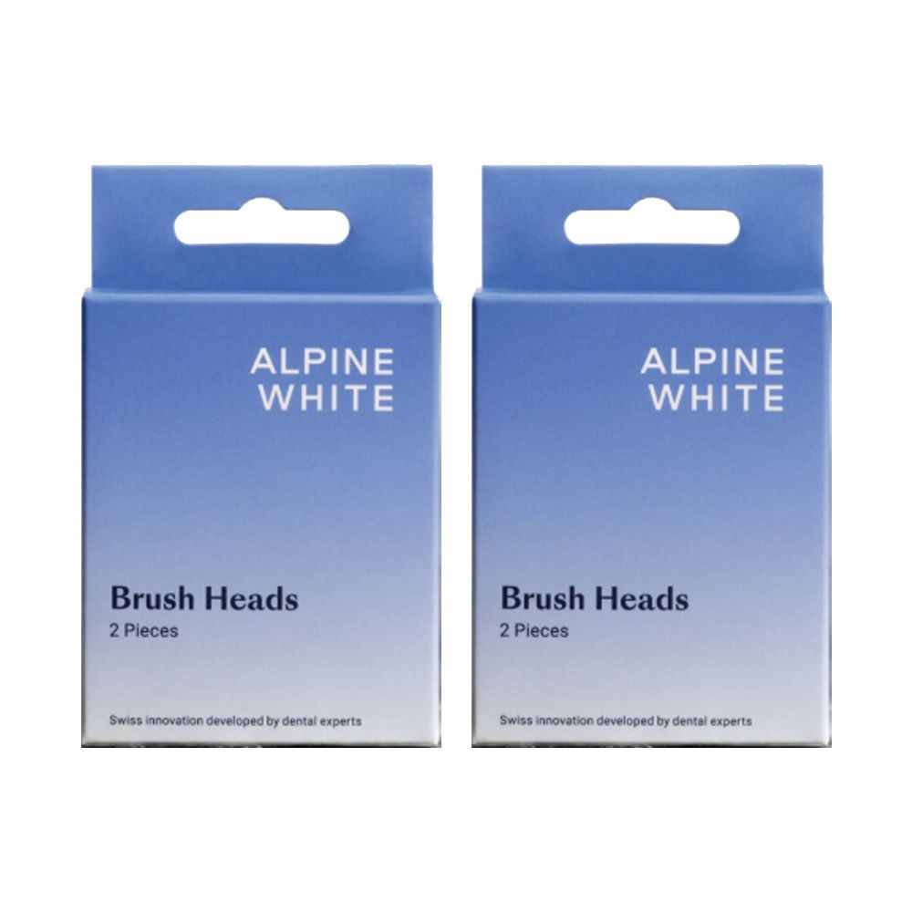 Zwei blaue Kartons mit "ALPINE WHITE" und "Brush Heads". Jeder Karton enthält "2 Pieces". Schweizer Innovation.