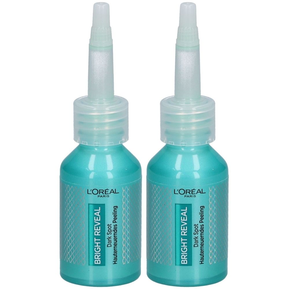 Deux flacons L'Oréal Bright Reveal Peeling. Flacons turquoise avec applicateur blanc. Texte: Bright Reveal, Dark Spot, Hauterneuerndes Peeling.