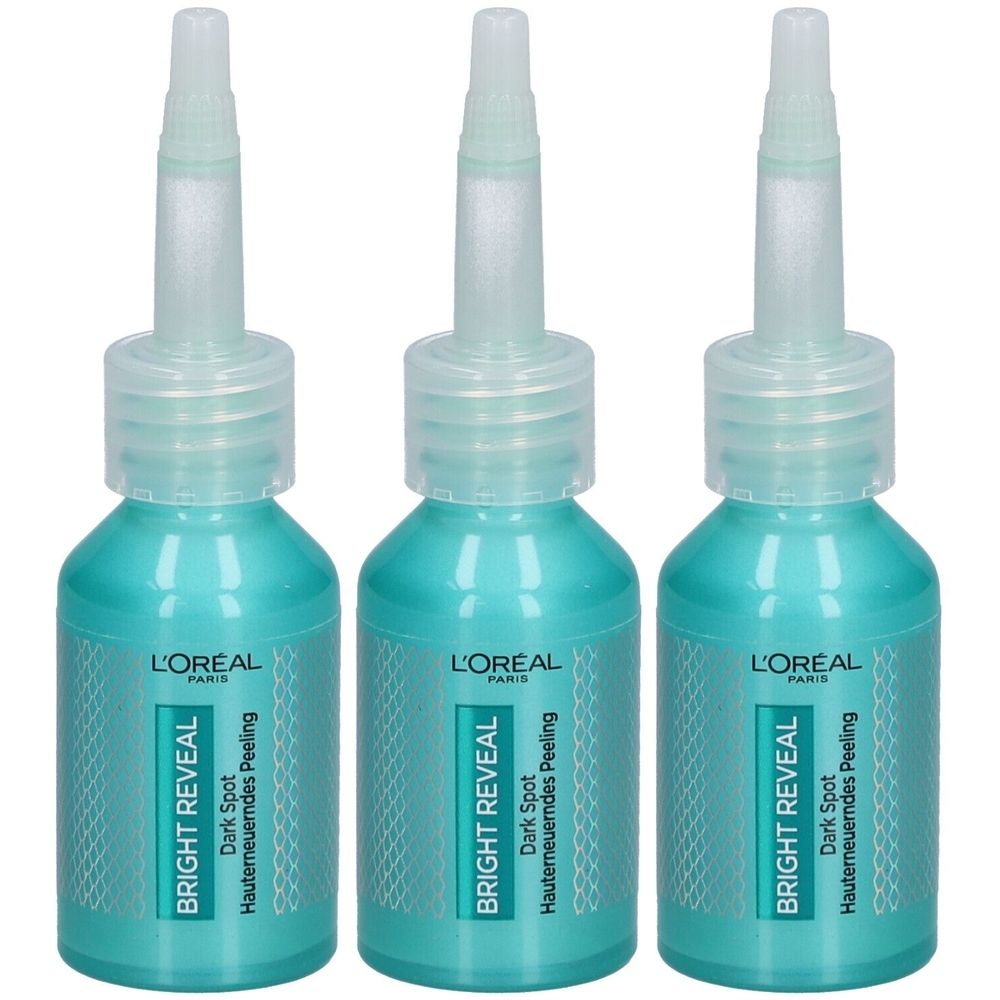 Trois flacons L'Oréal Bright Reveal. Liquide turquoise, embout transparent. Inscription: Bright Reveal, Dark Spot, Hauterneuerendes Peeling.