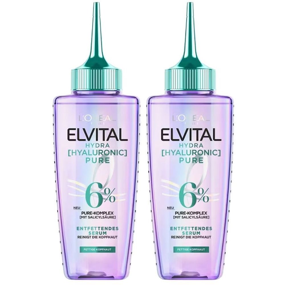 Deux flacons de sérum. Flacons violets avec pointes vertes. Inscription: ELVITAL HYDRA [HYALURONIC] PURE, 6%.