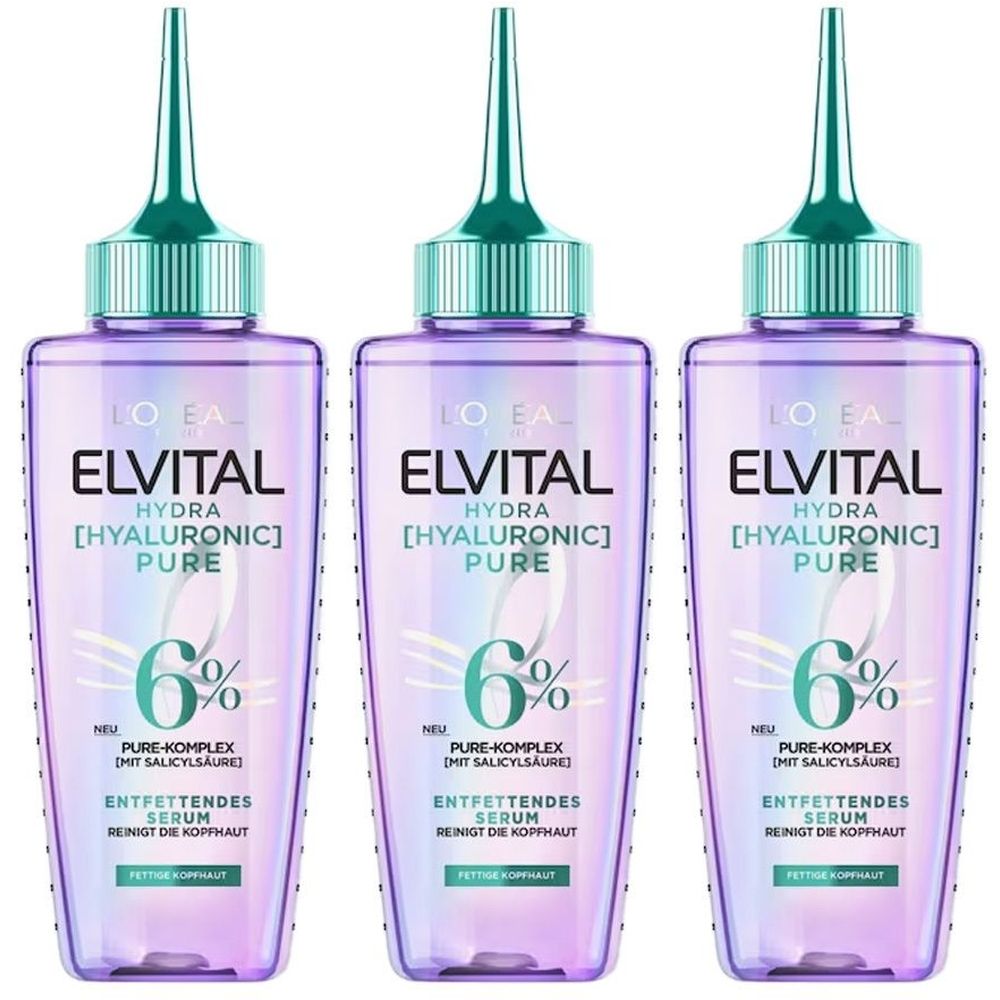 Trois flacons de sérum Elvital Hydra [Hyaluronic] Pure. Flacons violets avec bouchon et applicateur verts. Texte : 6%, Pure-Komplex, Entfettendes Serum.