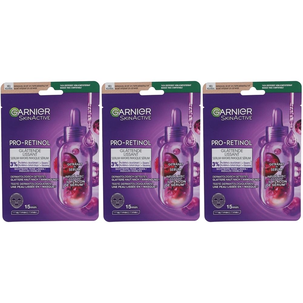 Drei Packungen Garnier SkinActive Pro-Retinol Serum-Maske. Lila Verpackung mit Produktabbildung und Text. 3% Retinol.