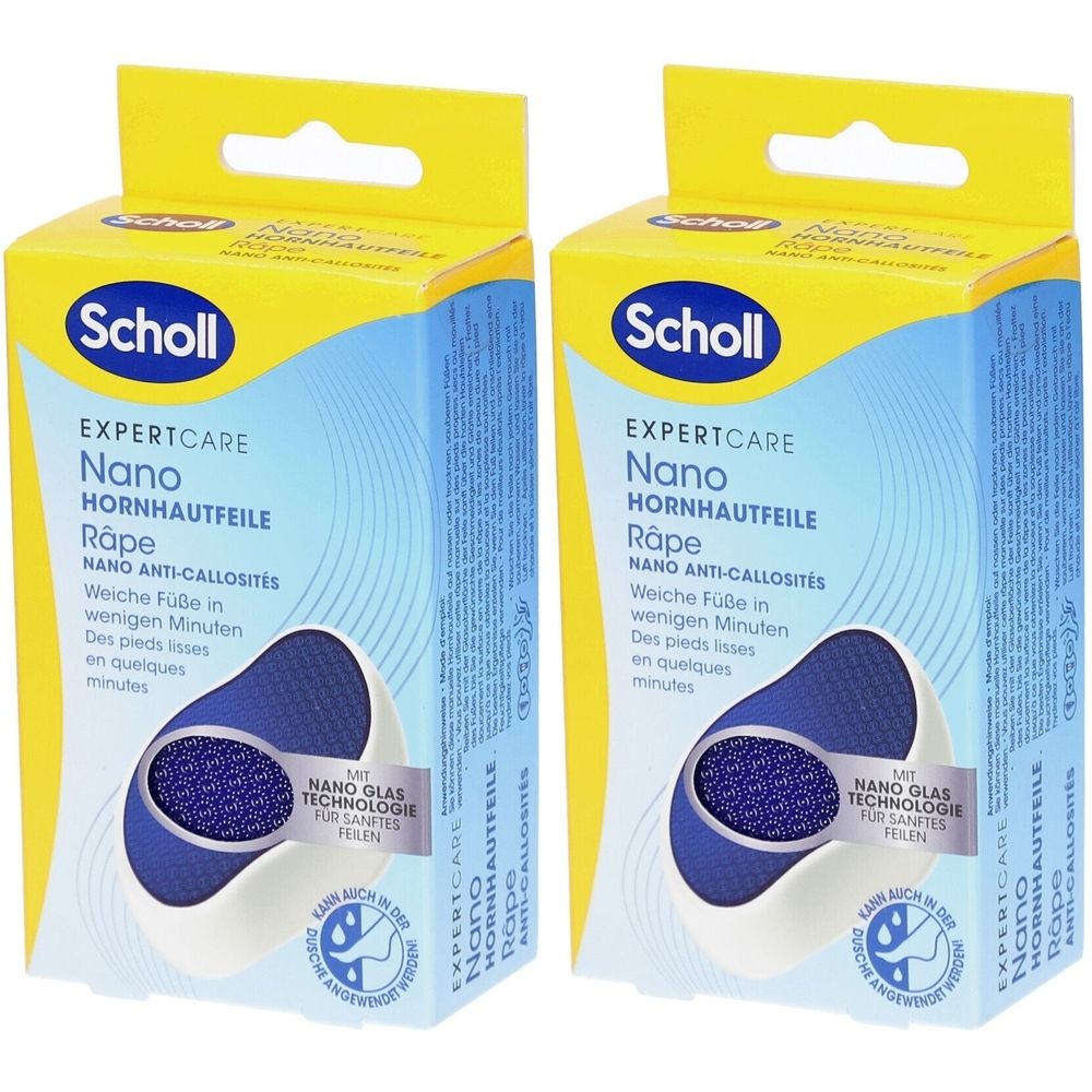Zwei Scholl ExpertCare Nano Hornhautfeile-Verpackungen. Gelbe Kartons mit Produktabbildung und Logo. Text: Nano Anti-Callosités.