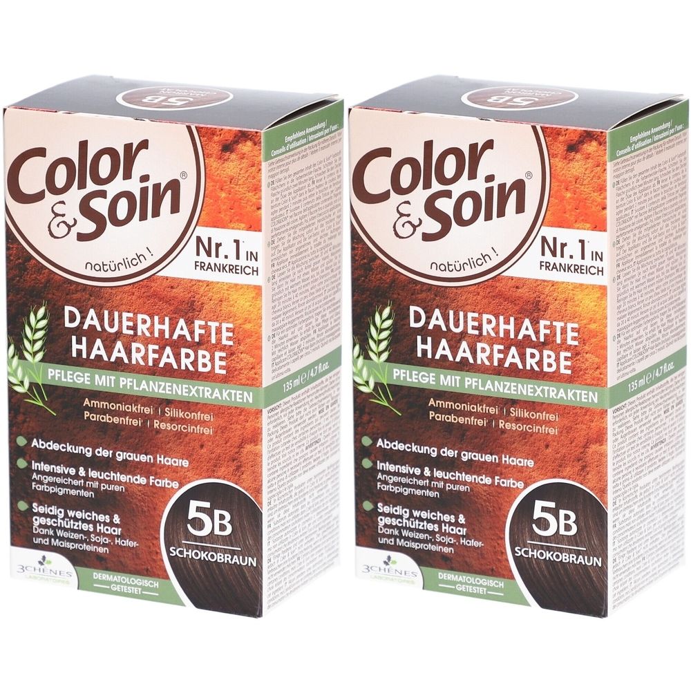 Deux boîtes de Color & Soin® coloration. Inscription: 5B Choco, n°1 en France. Coloration permanente avec extraits de plantes.