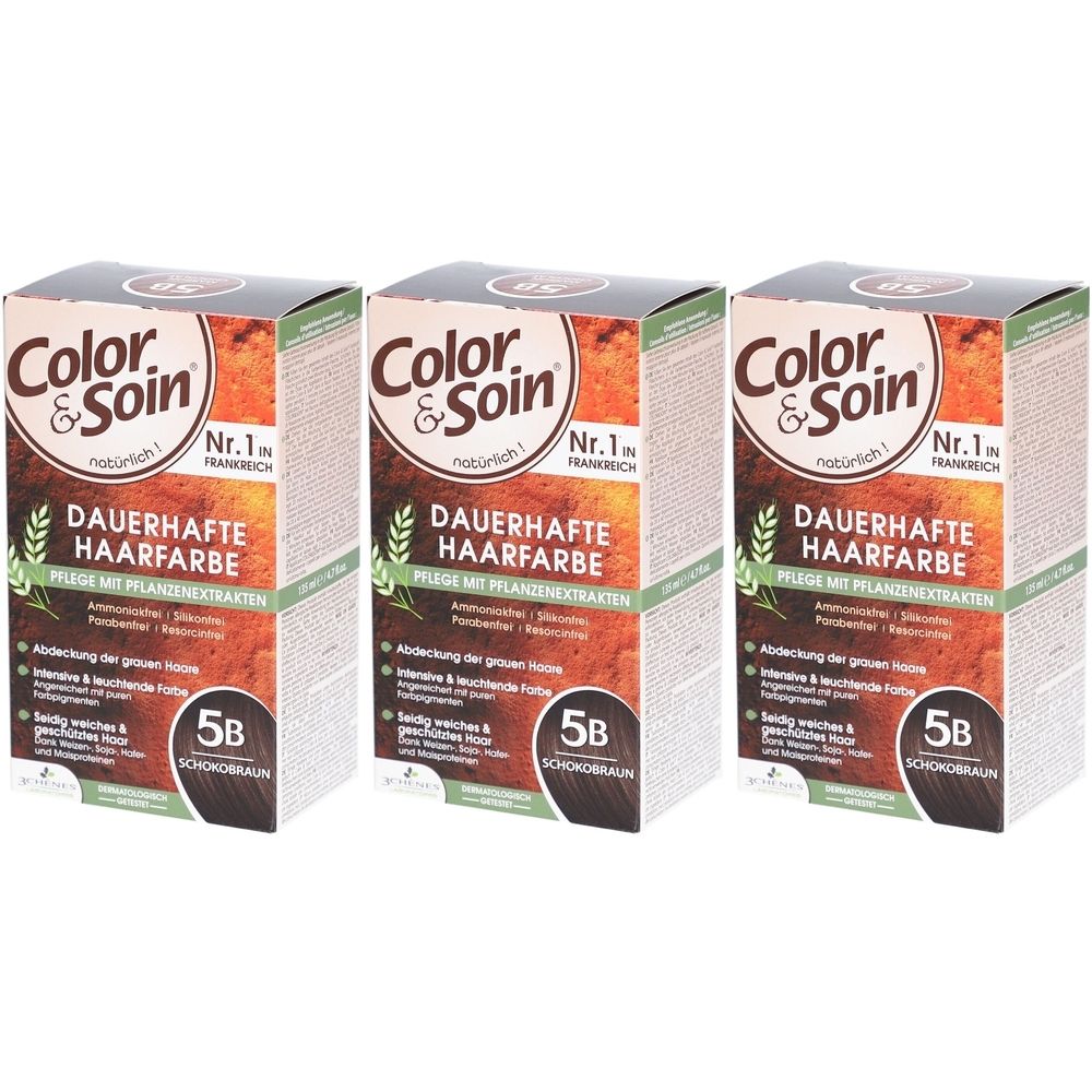 Drei Schachteln Color & Soin® Dauerhafte Haarfarbe 5B Schokobraun. Verpackung mit Produktnamen, Farbcode und Pflanzenextrakten.