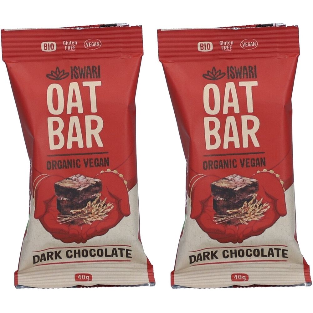 Deux barres ISWARI Oat Bar Dark Chocolate BIO dans un emballage rouge. Avec labels Bio, Sans gluten et Vegan.