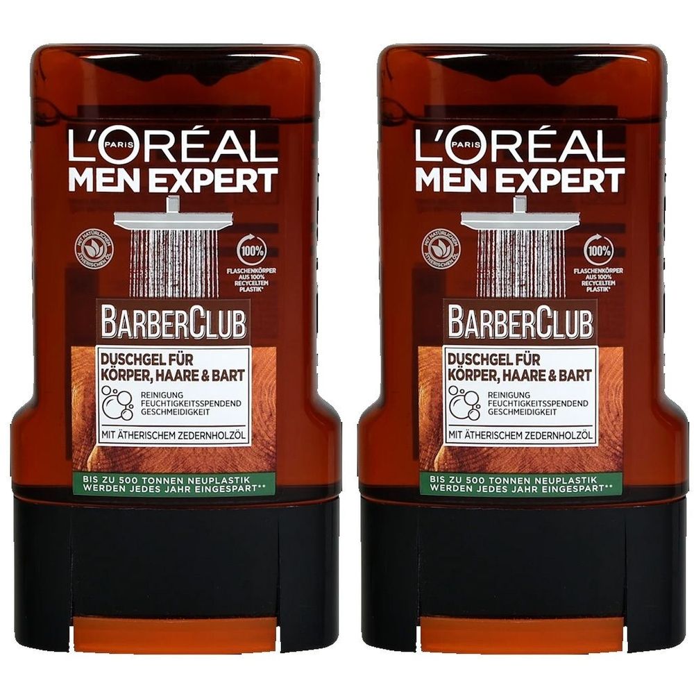 Deux flacons de gel douche marron. Inscription : L'Oréal Men Expert Barber Club. Texte : Gel douche pour corps, cheveux et barbe.