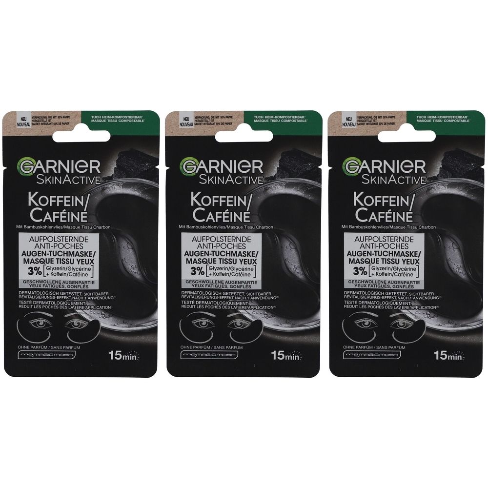 Trois masques tissu pour les yeux Garnier SkinActive. Emballage noir avec nom et logo du produit. Contient de la caféine. 15 minutes.