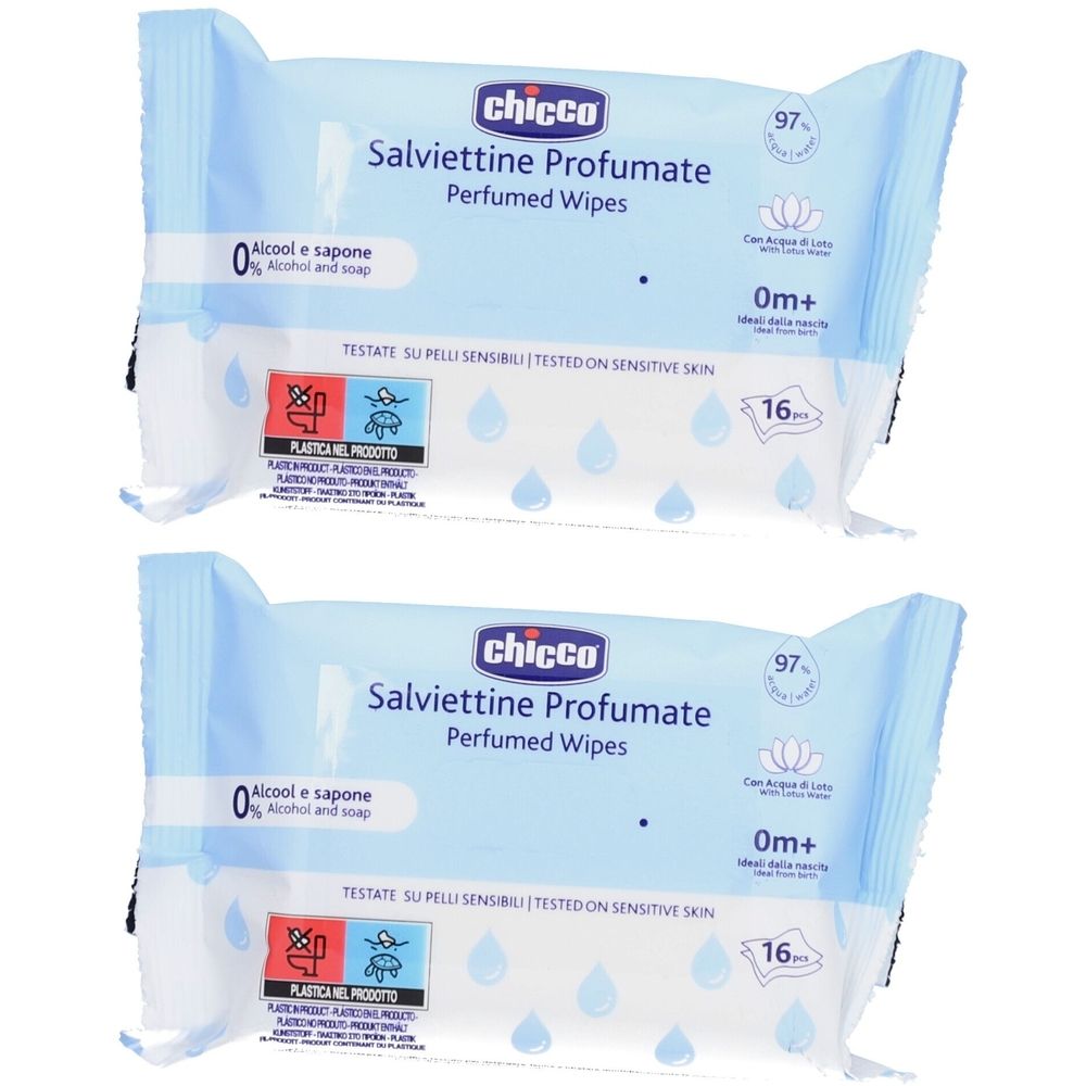 Zwei Packungen Feuchttücher. Aufschrift: Chicco, Salviettine Profumate, 0% Alkohol und Seife, 0m+, 16 Stück.