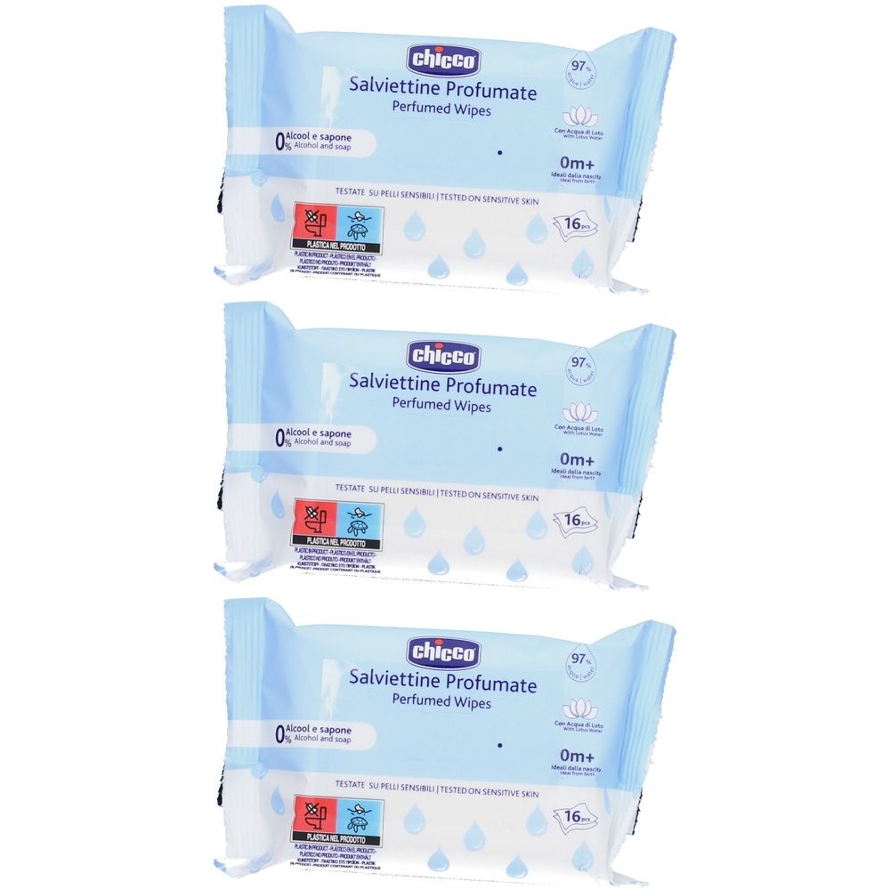 Drei Packungen Chicco Reinigungstücher. Blaue Verpackung mit Produktbezeichnung und Logo. 0m+ und 16 Stück.