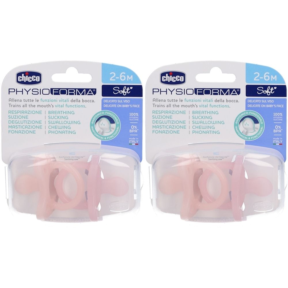 Deux sucettes roses dans un emballage. Marque : Chicco. Inscription : PhysioForma, 2-6m, Soft. Emballage avec informations produit.