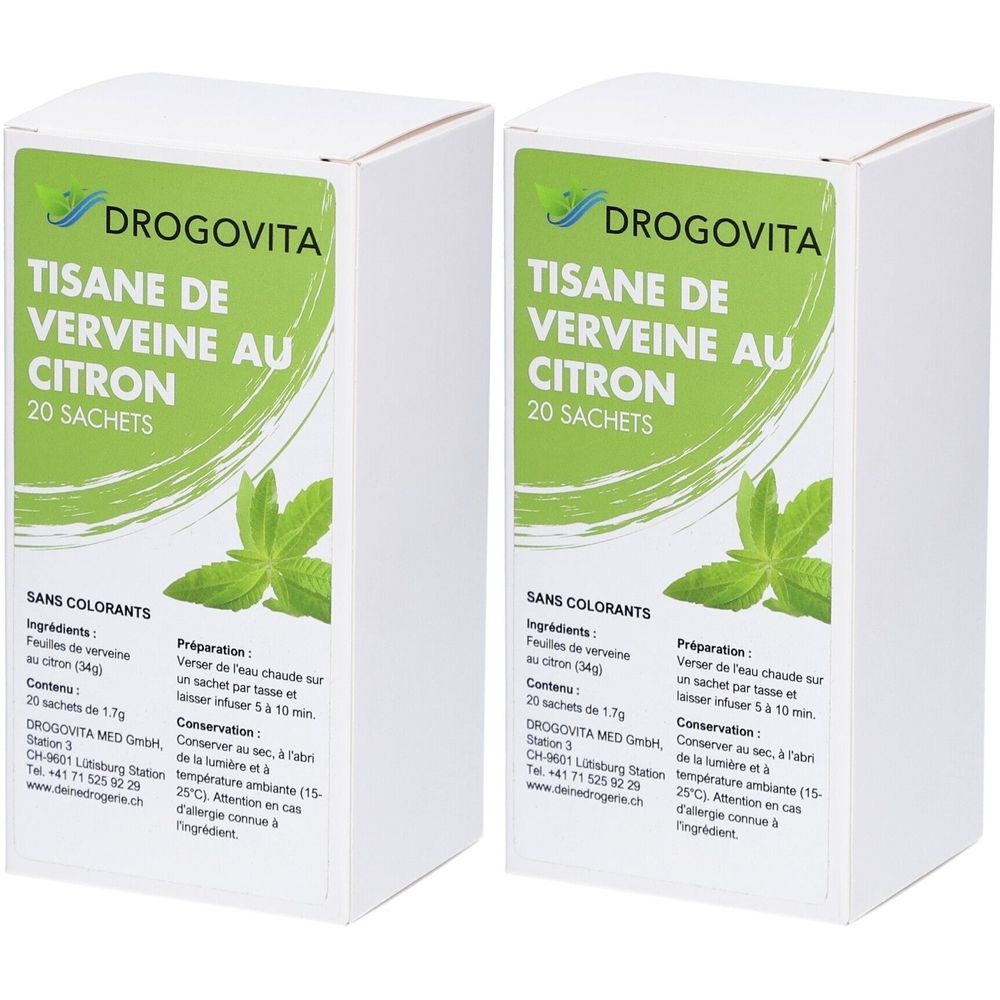 Deux boîtes blanches. Inscription: DROGOVITA, Tisane de Verveine au Citron, 20 Sachets. Étiquette verte avec image d'herbes.