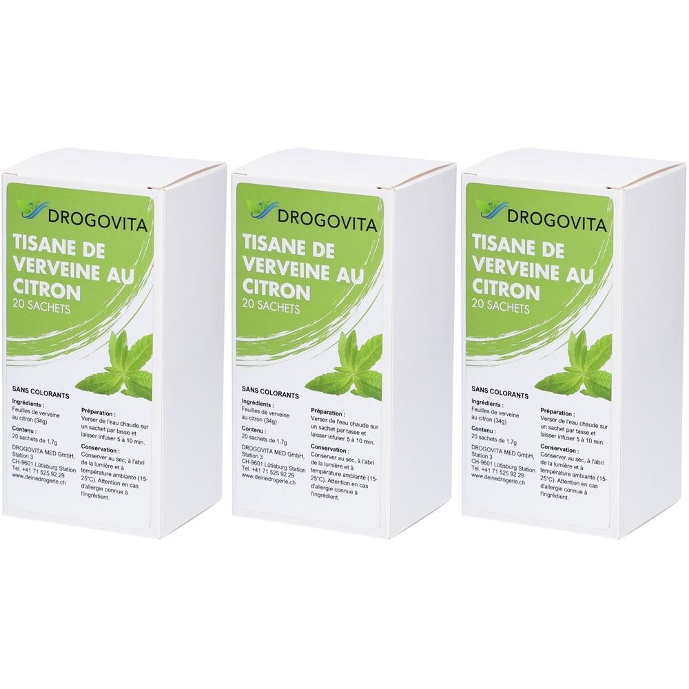 Drei weiße Kartons mit grünen Etiketten. Auf den Etiketten steht "DROGOVITA TISANE DE VERVEINE AU CITRON 20 SACHETS".