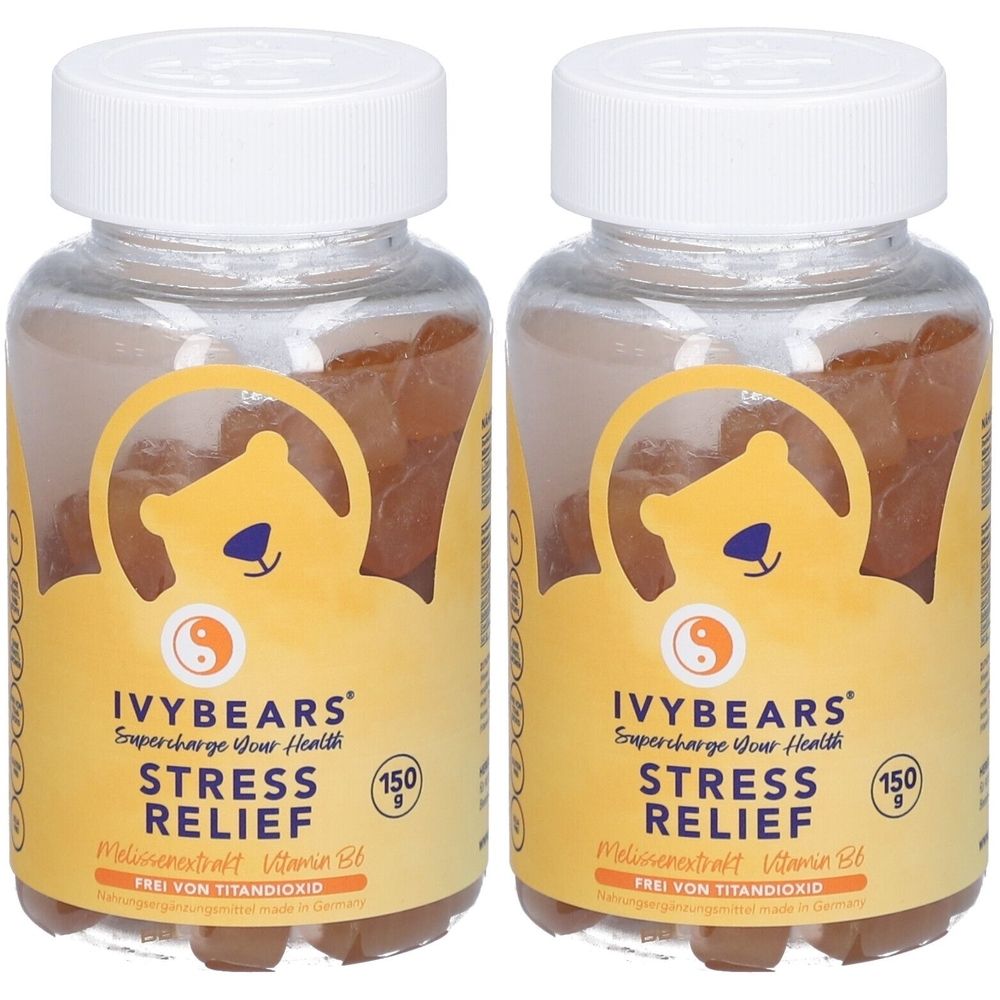 Deux flacons de IVYBEARS Stress Relief. Récipients en plastique transparent avec couvercles blancs. Étiquette jaune avec motif d'ours et informations.