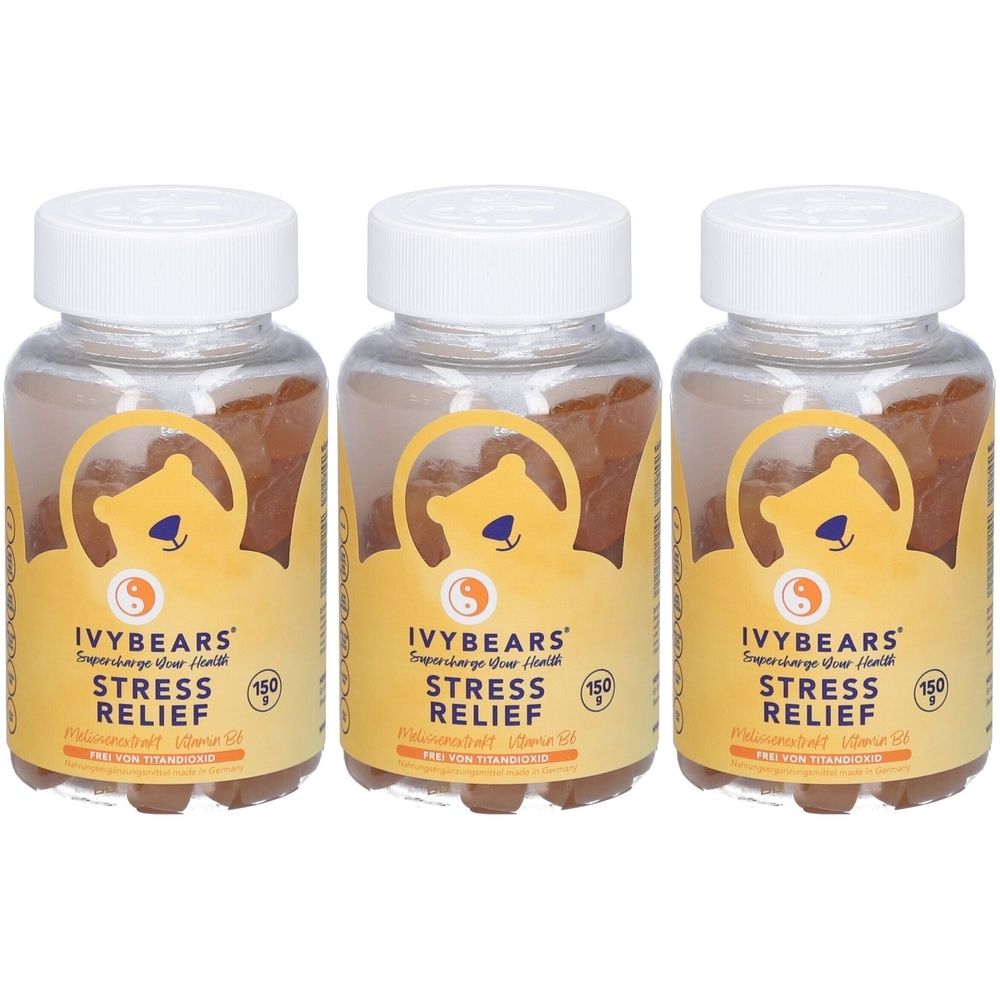 Trois flacons en verre avec des couvercles blancs. Les étiquettes indiquent "IVYBEARS Stress Relief". Les flacons contiennent des oursons en gélatine.
