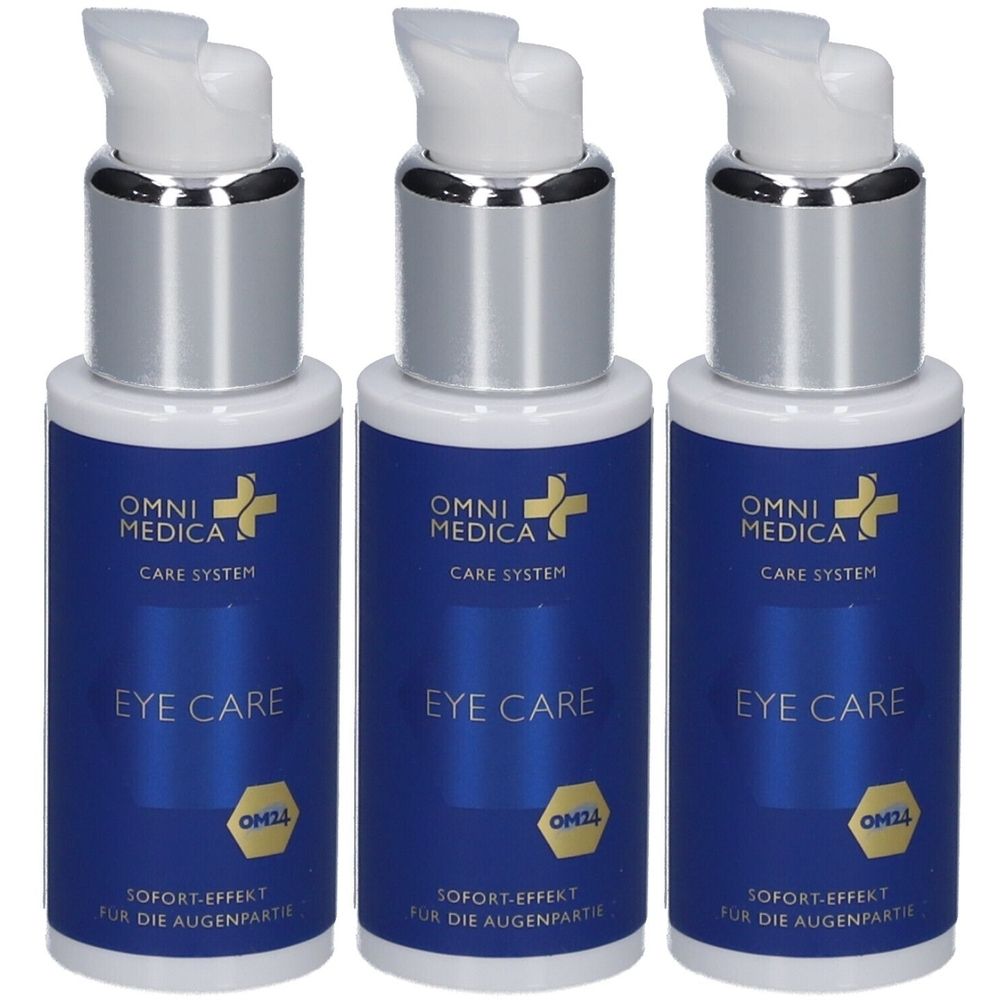 Trois flacons de soin pour les yeux OMNI MEDICA. Flacons bleus avec bouchons argentés et pompes. Inscription: EYE CARE, OM24.