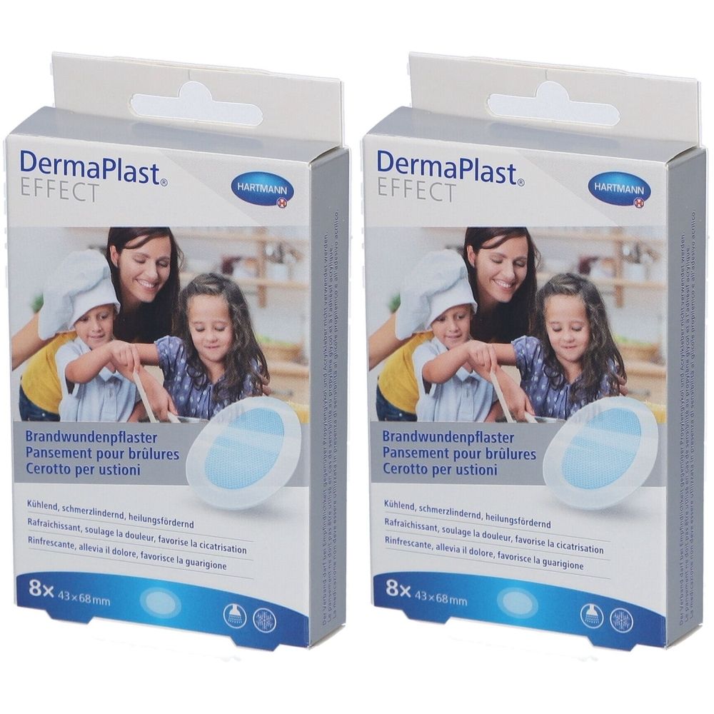 Zwei Kartons DermaPlast Effect Brandwundenpflaster. Aufdruck: 8 Stück, 43 x 68 mm. Mit Abbildung von Mutter und Kindern.
