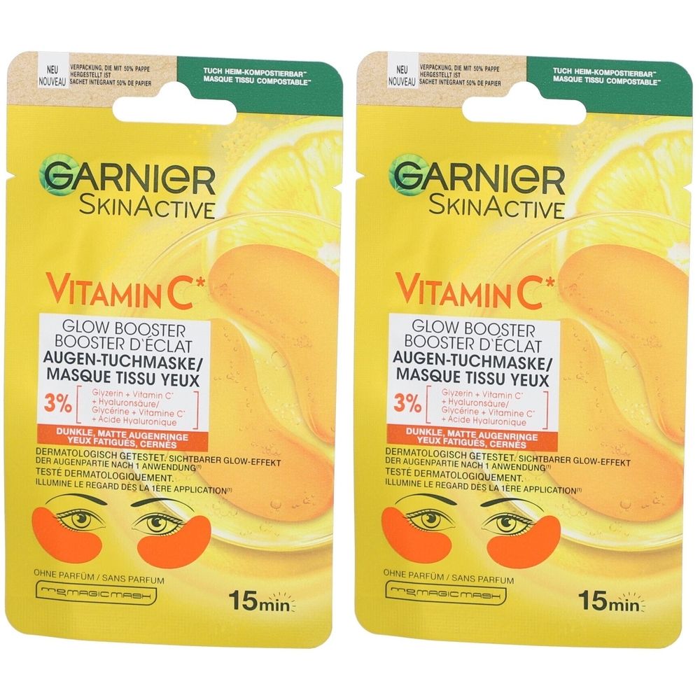 Deux sachets de masque pour les yeux Garnier. Inscription: Vitamin C, Glow Booster, Masque Tissu Yeux. 15 minutes.