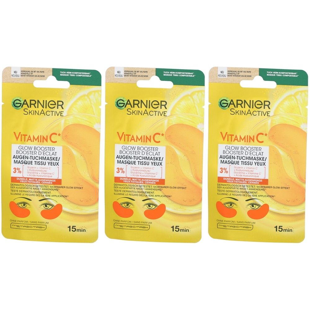 Trois paquets de masques pour les yeux jaunes. Inscription : Garnier SkinActive Vitamin C. Masque tissu yeux. 3%. 15min.
